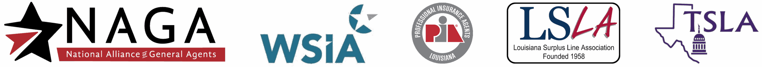 Logos of insurance associations: National Alliance of General Agents (NAGA), Wholesale & Specialty Insurance Association (WSIA), Professional Insurance Agents of Louisiana (PIA), Louisiana Surplus Line Association (LSLA), and Texas Surplus Lines Association (TSLA).