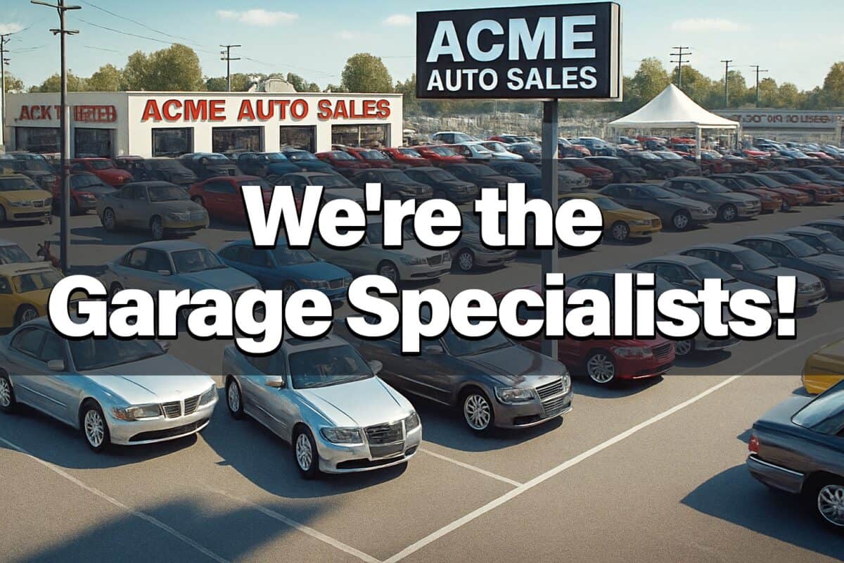 Car dealership lot filled with rows of parked vehicles in various colors under a bright sky, with the ACME Auto Sales sign and showroom in the background. Image representing insurance solutions for auto dealers and garage specialists.