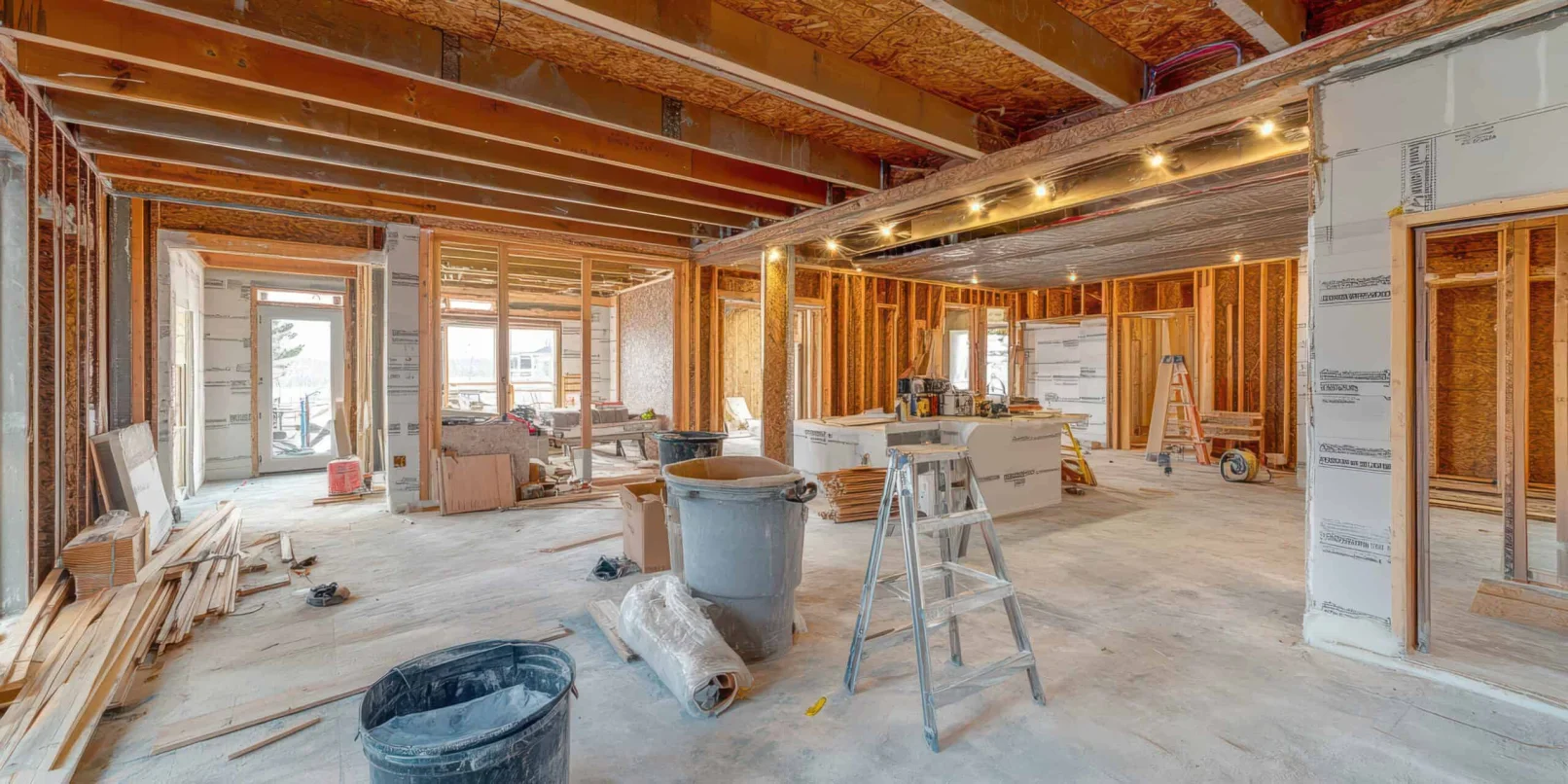 Room or apartment under construction with visible remodeling tools, copy space for design.